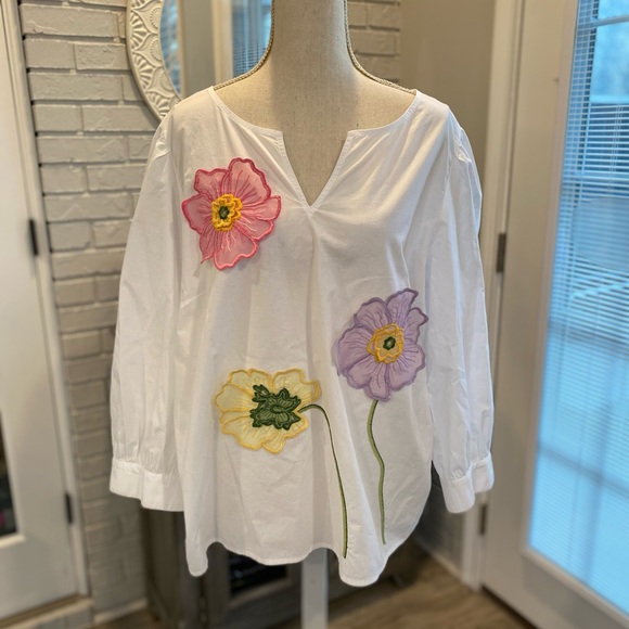 Talbots white cotton popover blouse floral embroidery appliqué coastal beach XL - Picture 2 of 11